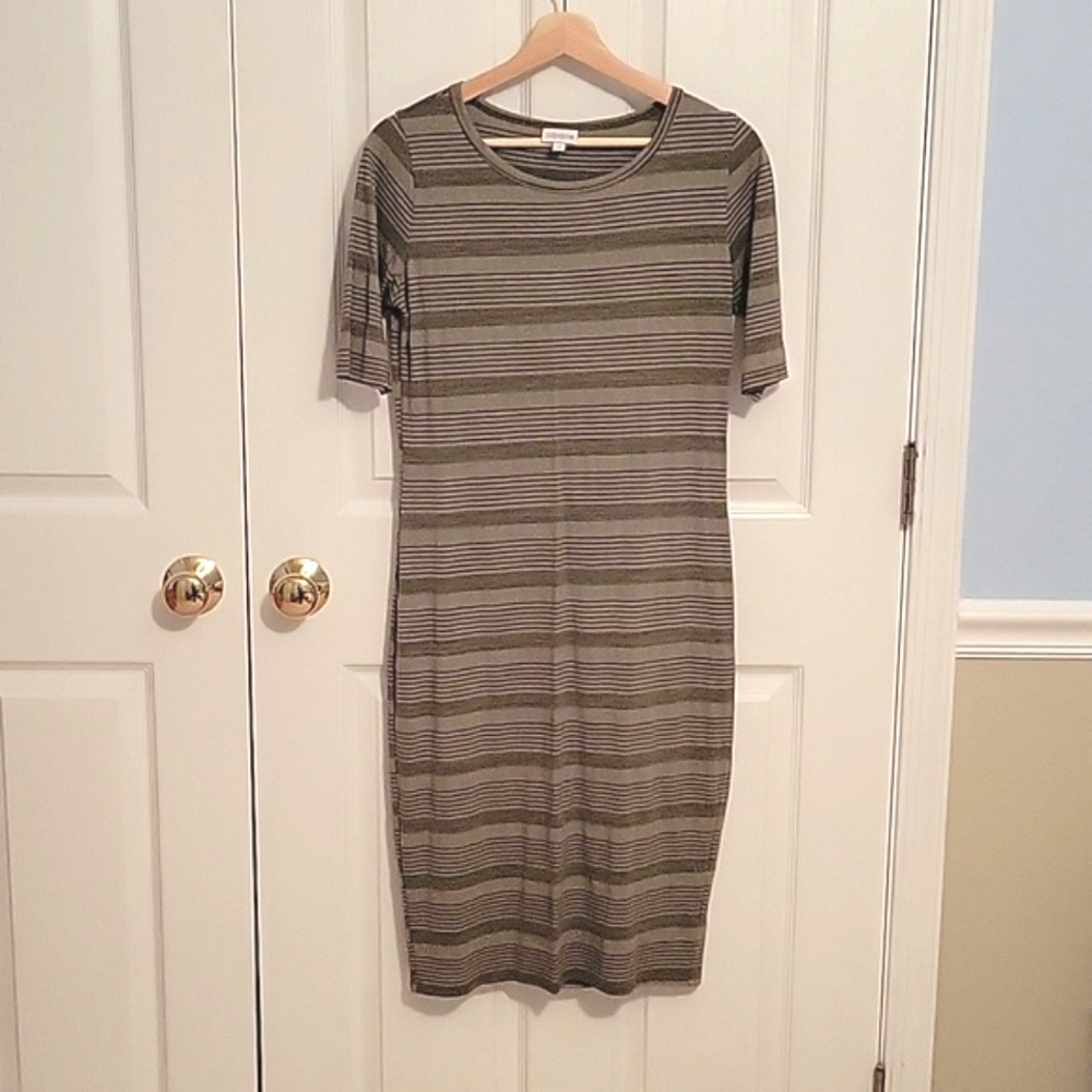 LuLaRoe Julia Dress in Olive Green horizontal stripes, size medium